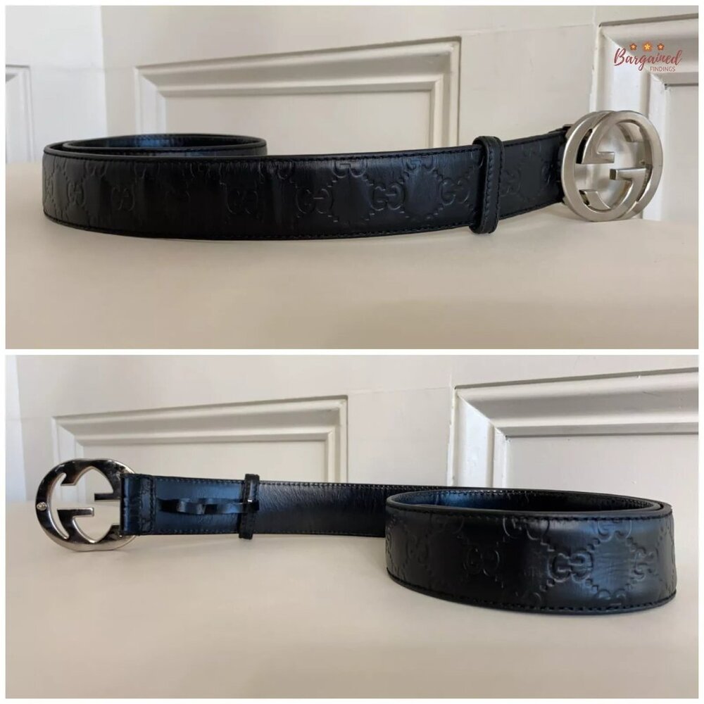 Authentic Gucci Black Monogram Guccissima Leather Silver Buckle Belt 85/34 - Picture 10 of 13
